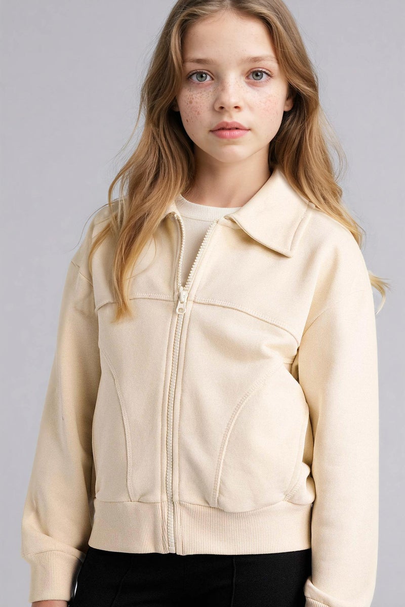 DeFacto Beige Girl Girl Polo Collar Zip-Up Sweatshirt Casual - Image 3